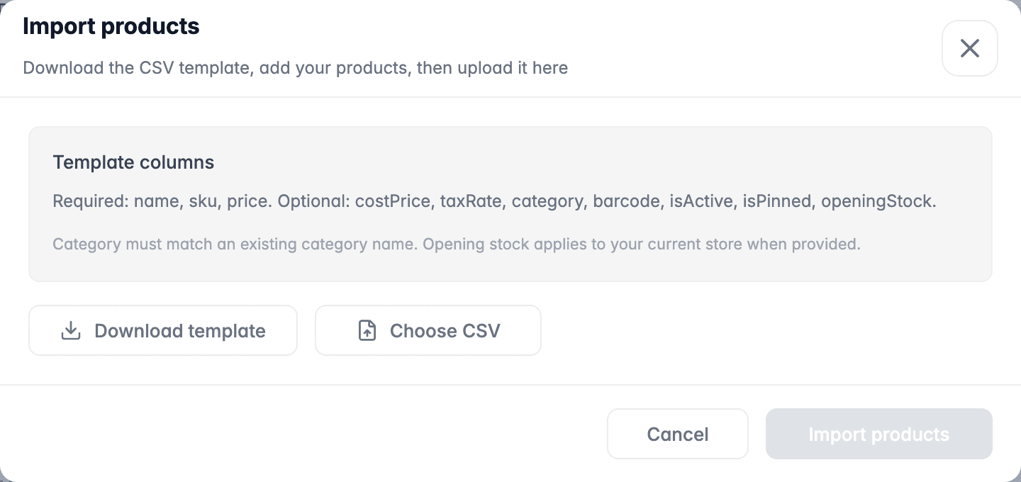 FaidaPOS import products dialog explaining the CSV template columns, with buttons to download the template and choose a CSV file
