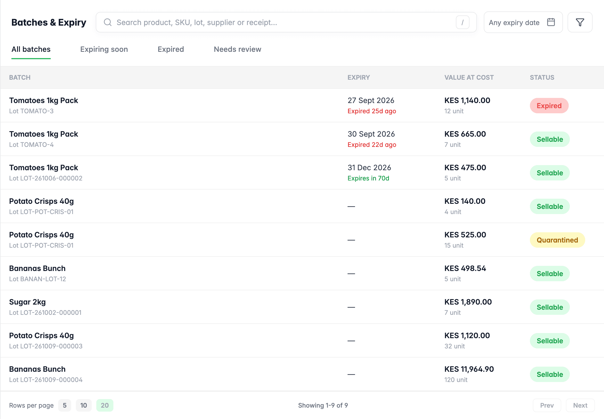 FaidaPOS batches and expiry screen listing product batches with expiry dates, value at cost and status such as Expired, Sellable and Quarantined