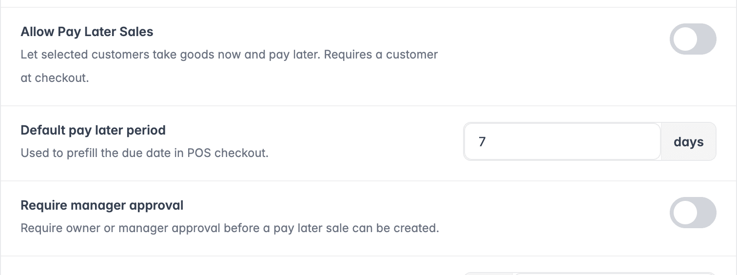FaidaPOS checkout policy settings for Allow Pay Later Sales, a default pay later period of 7 days, and requiring manager approval