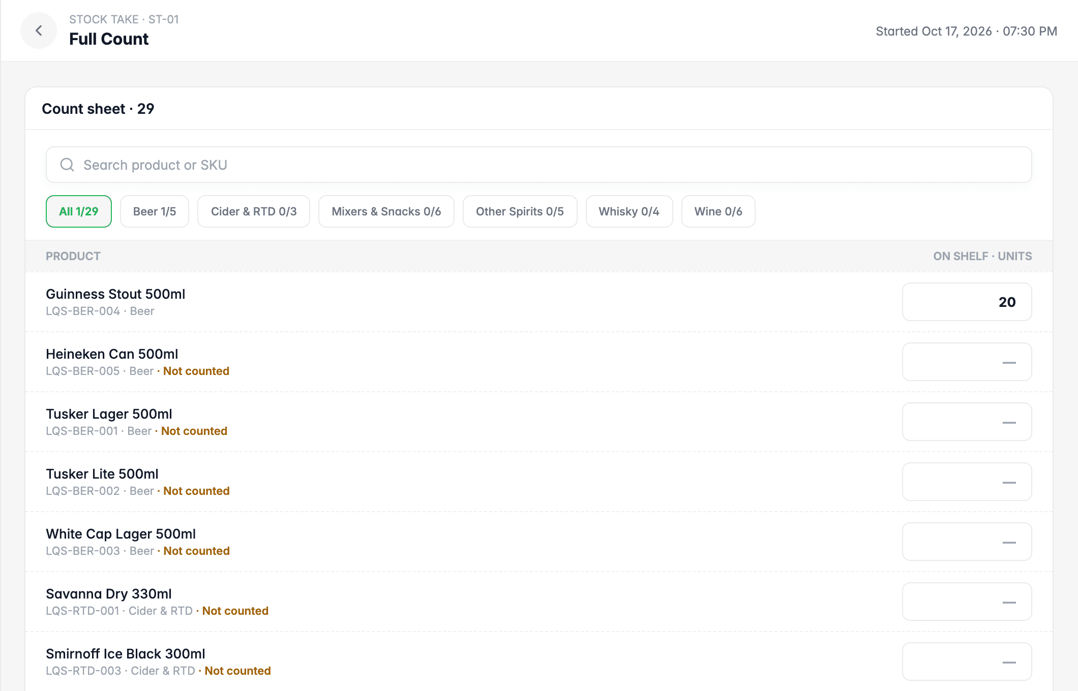 FaidaPOS stock take count sheet listing products with an on-shelf quantity box for each and no expected quantities shown