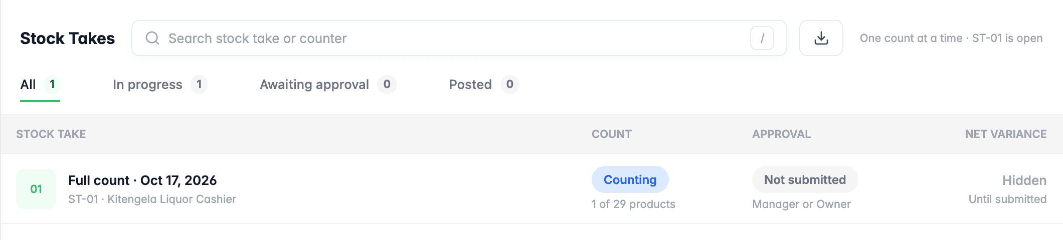FaidaPOS stock takes list showing a full count in progress, approval not yet submitted, and net variance hidden until submitted