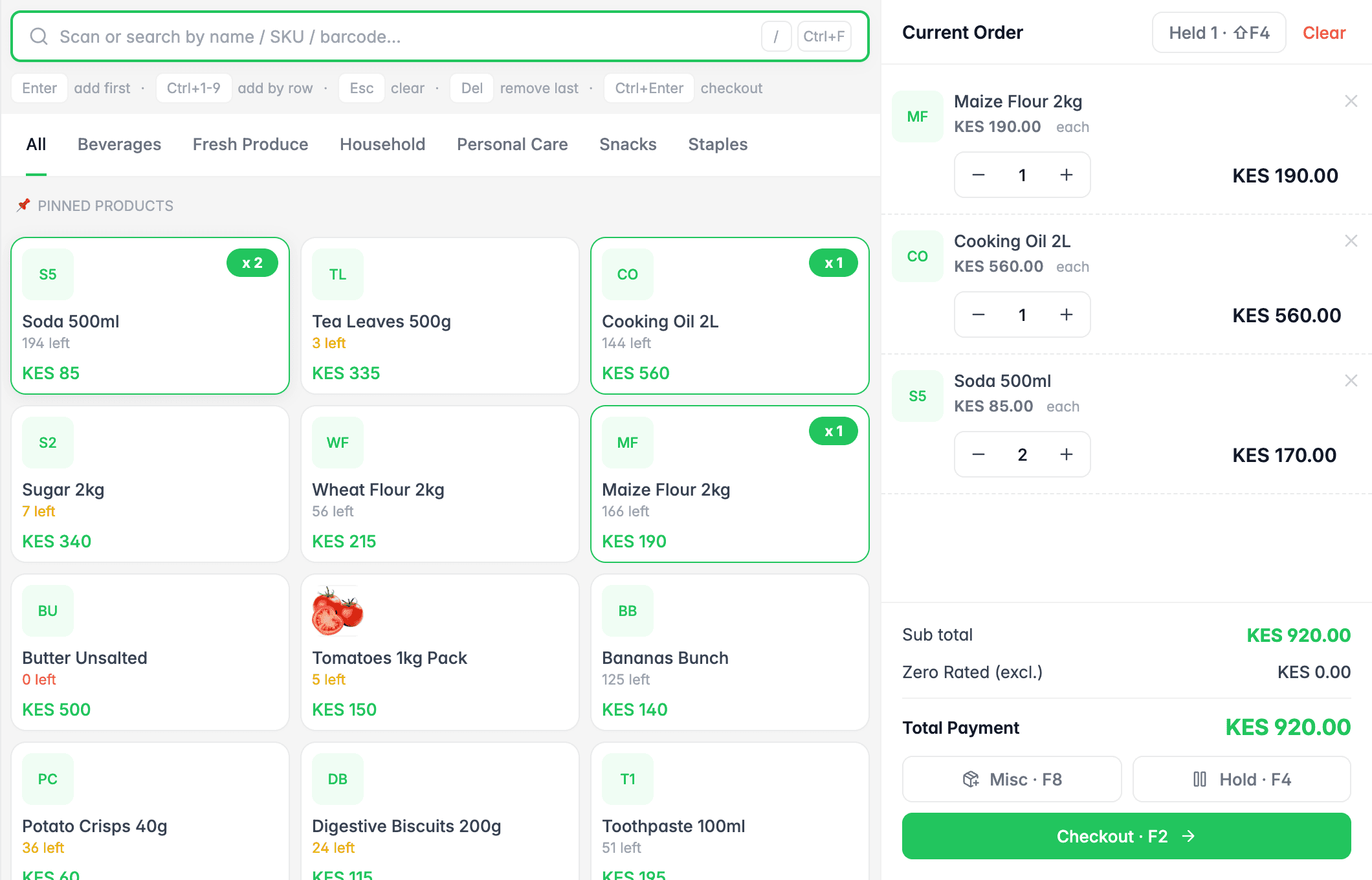FaidaPOS checkout screen with a product grid showing stock left for each item and a current order with a total of KES 920