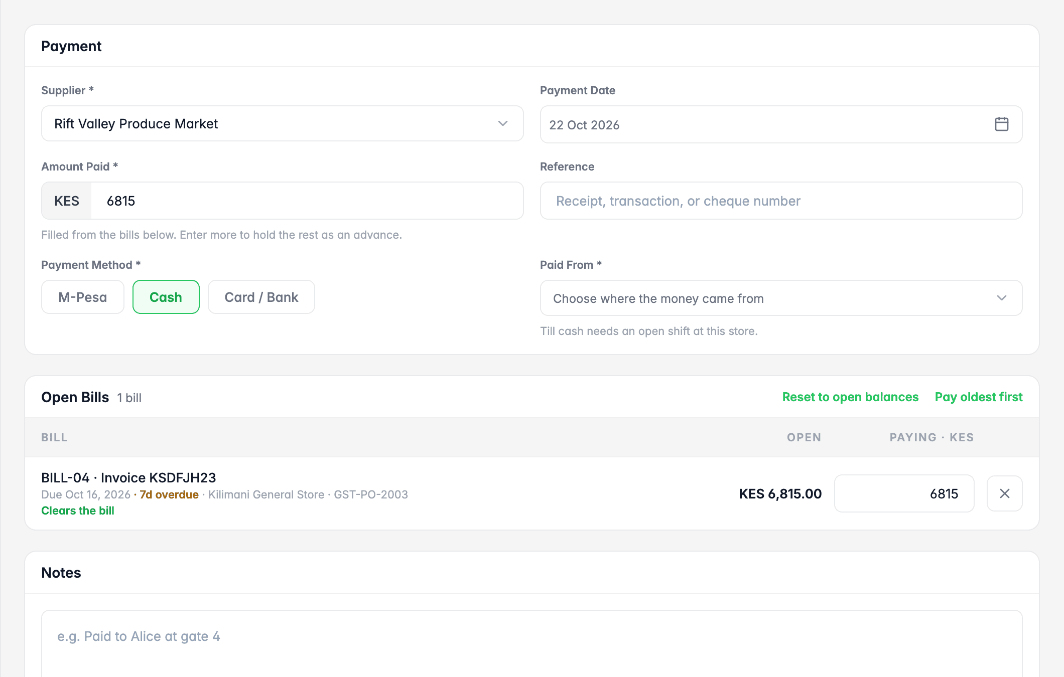 FaidaPOS record purchase payment form with supplier selected, amount, payment method, source of funds, and an open bill that the payment will clear